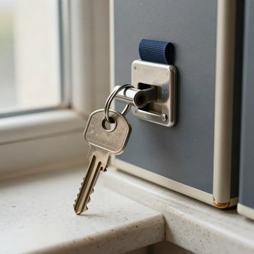 Makro klucze, metalowy zatrzask i archiwalne pudełka na jasnym trawertynie