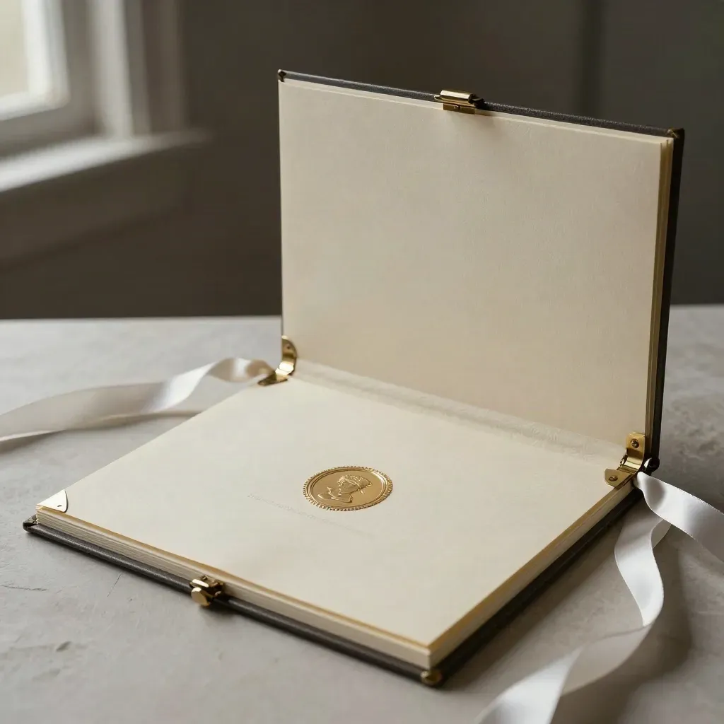 Certyfikat, medal i otwarte etui na jasnym tynku, w dramatycznym świetle studyjnym.